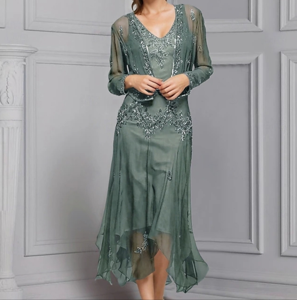 Sage Green V-Neck Dress Set for Wedding Guests